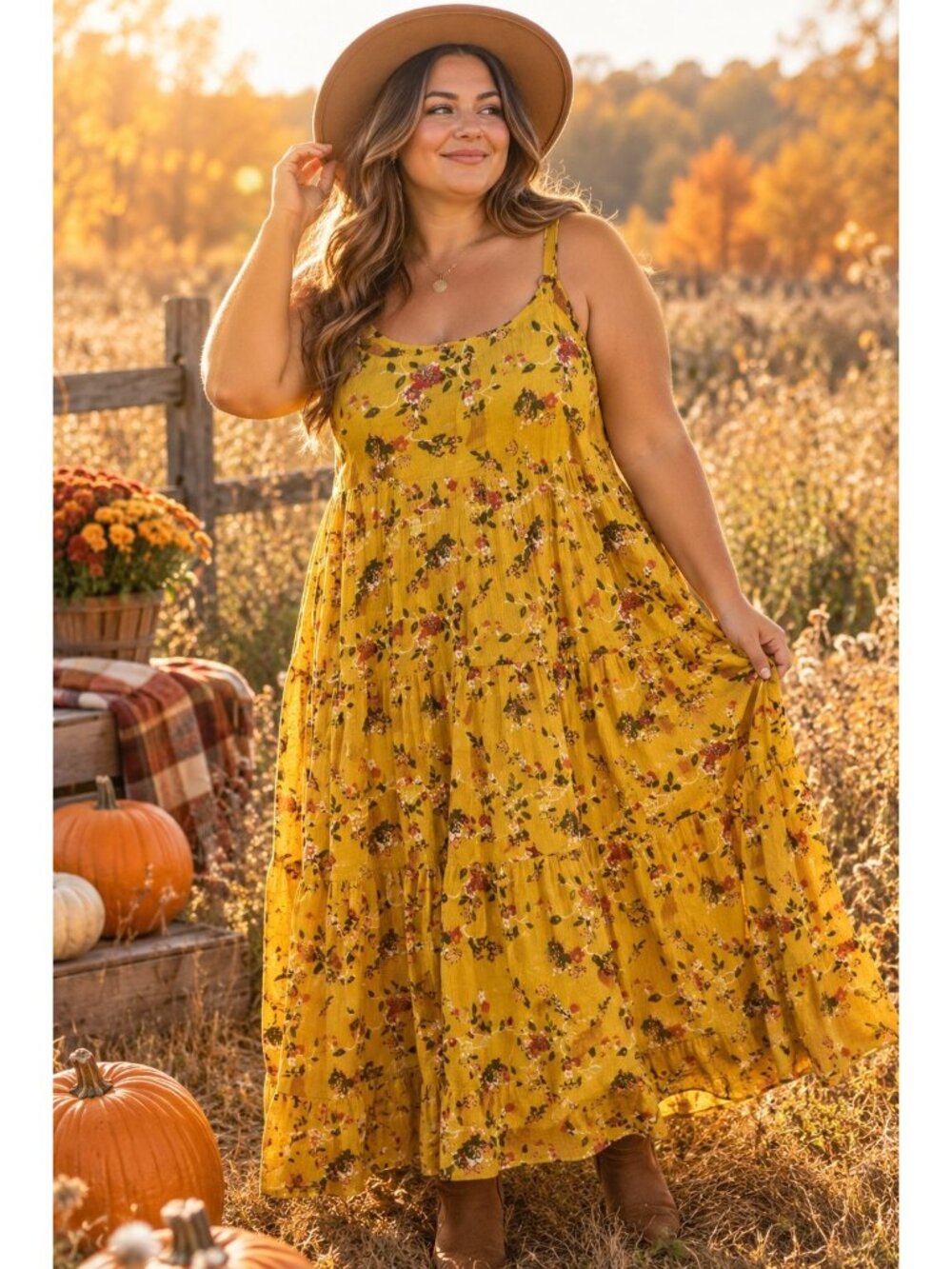YESNO 3X Mustard Floral Tiered Sundress Dress Sleeveless Flowy Boho Fall Autumn